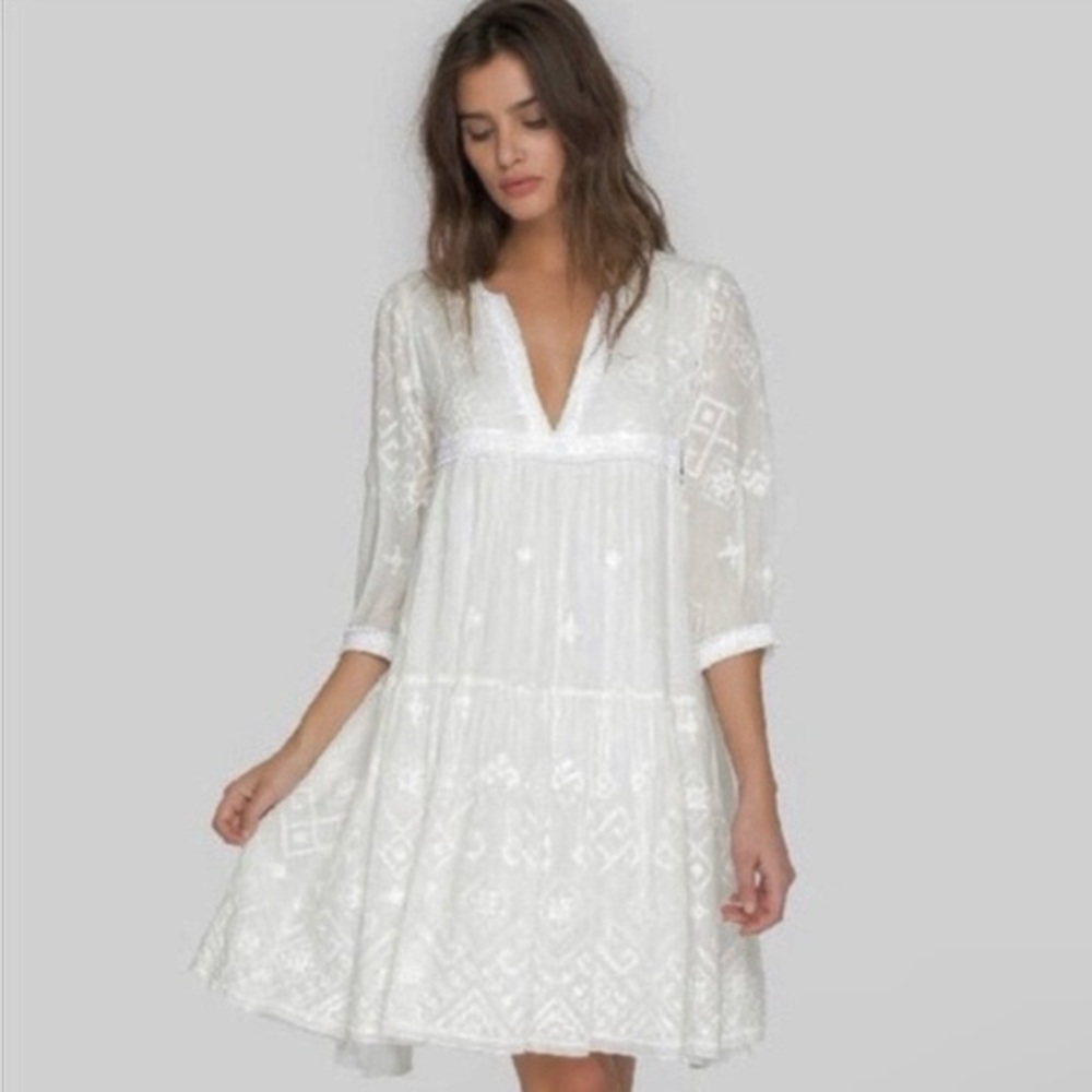 Johnny Was Ivory Embroidered 3/4 Sleeve Dress